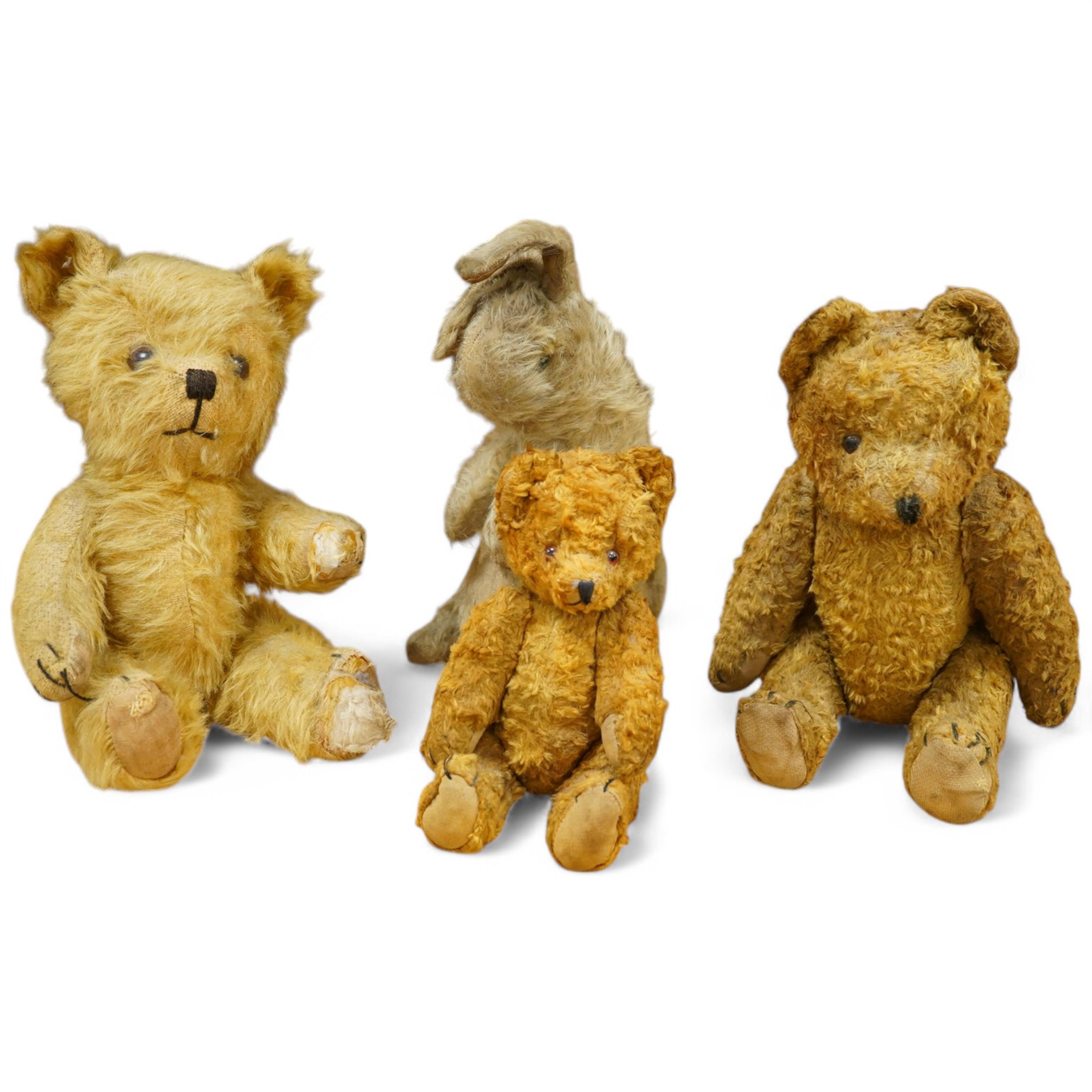 Three vintage teddy bears and a rabbit, three with jointed limbs, largest 28cm high. Condition - fair